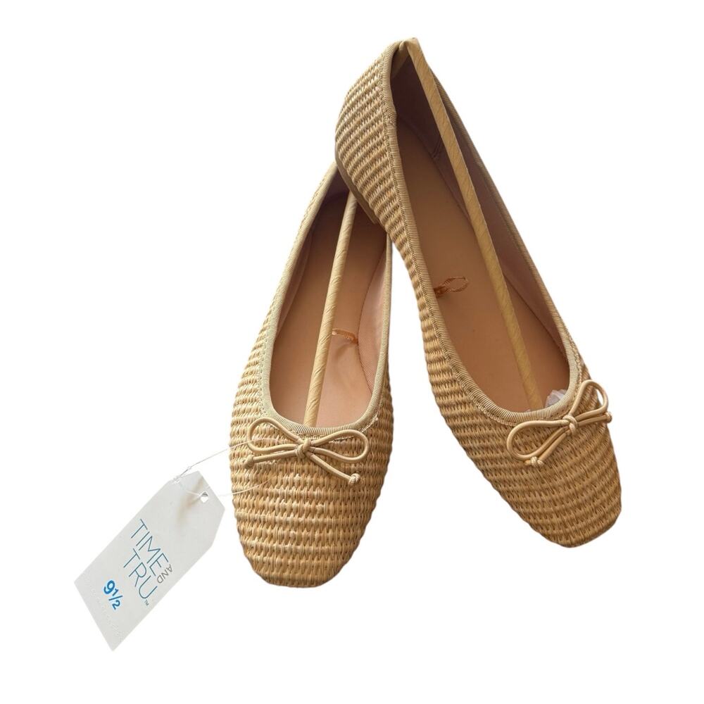 Time & Tru Raffia Bow Ballet Flats Olympia Beige Woven Women's 9.5 M Memory Foam - Picture 2 of 10